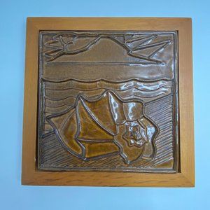 Conch Shell Decorative Wall Art Ceramic Tile in Wood Frame 7x7